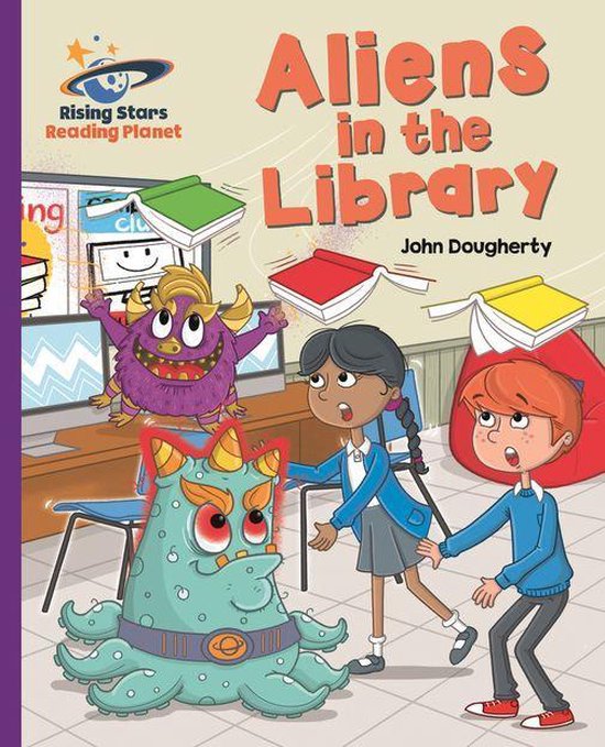 Boekomslag: Twee kinderen kijken geschrokken naar twee paarse en lichtblauwe aliens, terwijl boeken door de lucht vliegen.