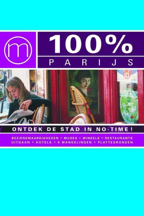 Kaart met '100% Parijs' en afbeeldingen van een vrouw die een krant leest en een café interieur.