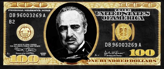 Dibond Godfather Golden Dollarbiljet 200 x 85 cm Aluminium Geborsteld incl. luxe ophangframe