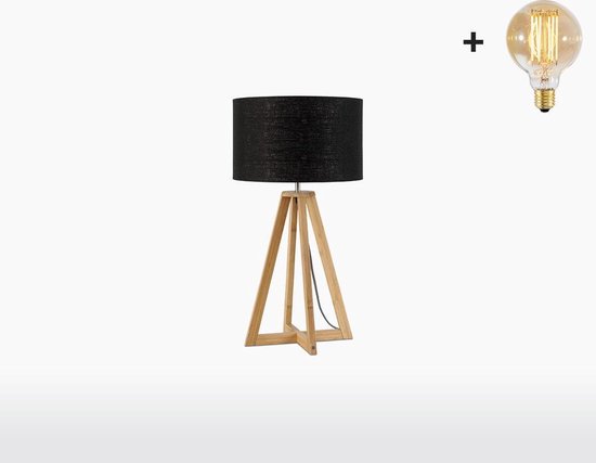 Tafellamp – EVEREST – Naturel Bamboe - Zwart Linnen - Met LED-lamp