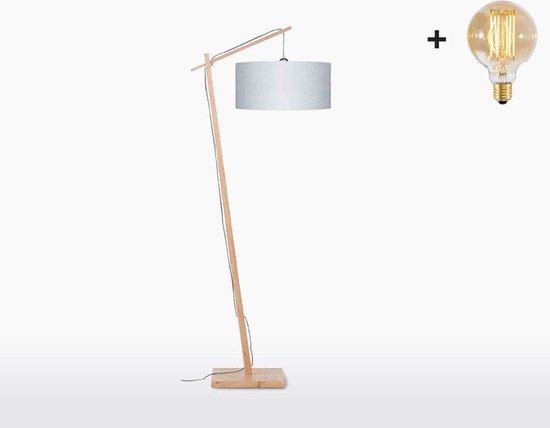 Vloerlamp – ANDES – Naturel Bamboe - Lichtgrijs Linnen - Met LED-lamp