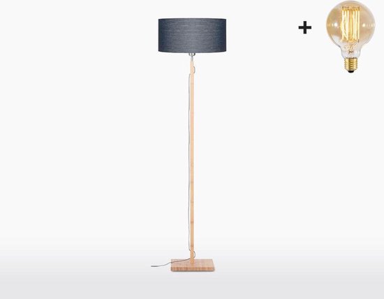 Vloerlamp – FUJI – Bamboe Voetstuk (h. 167cm) - Donkergrijs Linnen Kap - Met LED-lamp