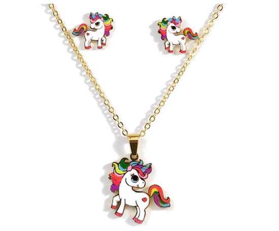 Ketting + oorbellen unicorn - eenhoorn multicolor ®Pippashop