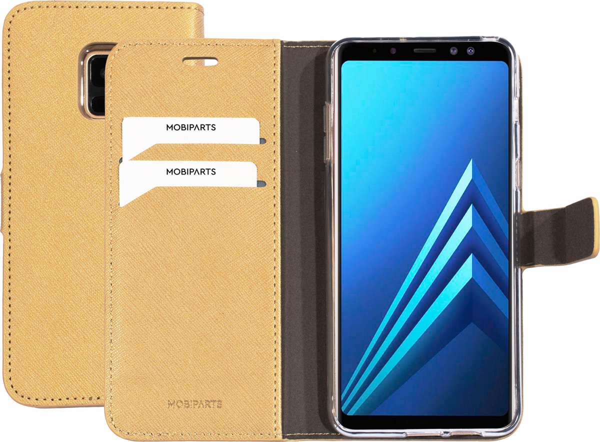 Samsung Galaxy A8 (2018) Hoesje - Saffiano Wallet/Portemonnee hoesje - Magneet Sluiting - 3 Opbergvakken - Goud - Mobiparts