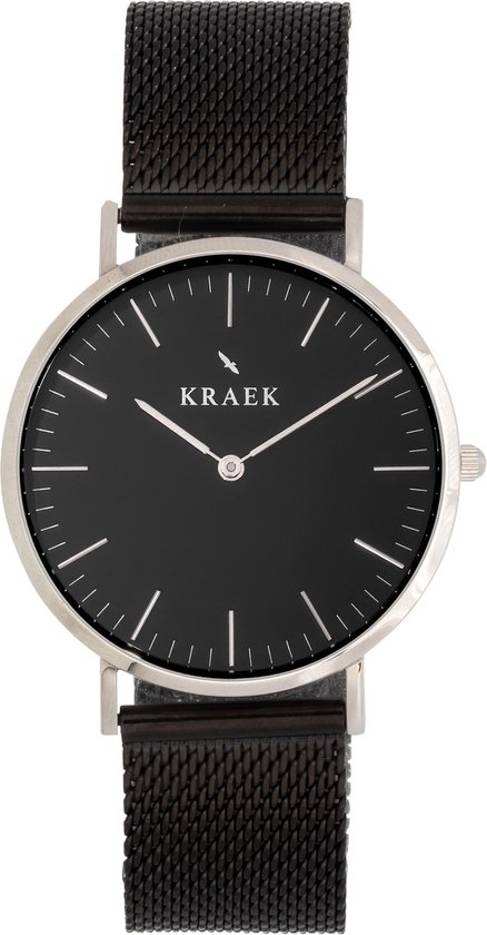 KRAEK Meena Zilver Zwart 36 mm - Dames Horloge - Zwart Mesh horlogebandje - Inclusief Pushpin
