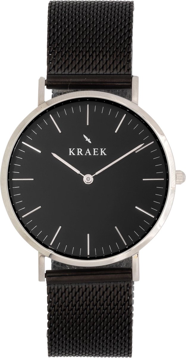 KRAEK Meena Zilver Zwart 36 mm - Dames Horloge - Zwart Mesh horlogebandje - Inclusief Pushpin