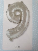 Folie ballon, zilver, 30 cm, Cijfer 9