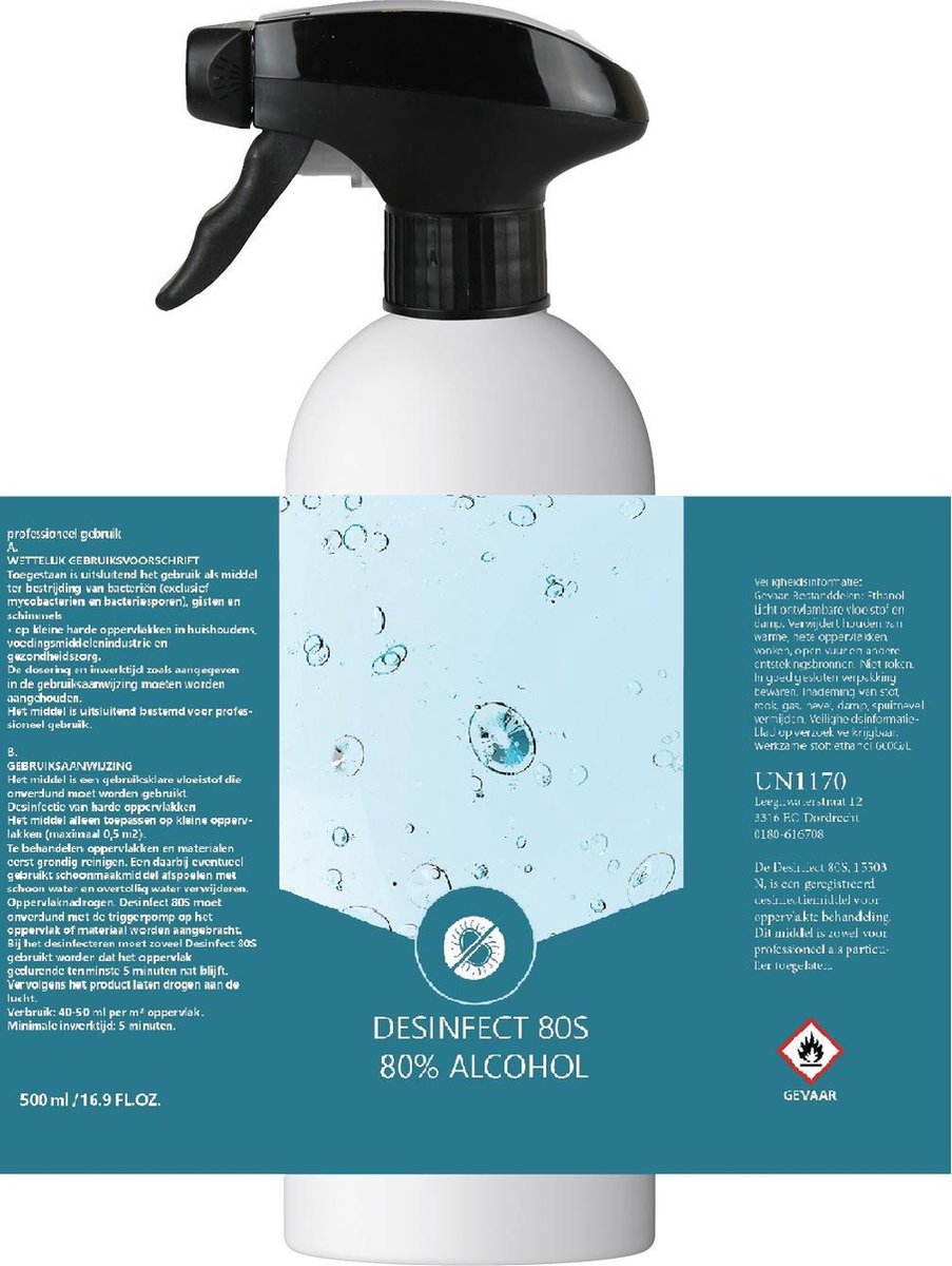 500 ml Desinfect80S - Alcohol 80% met trigger - spuitflacon - desinfectie spray - CTGB15503N - Treatments®