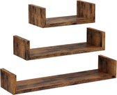 MIRA Home - Wandplank hout - Wandplank zwevend - Vintage - Hout/Metaal - Donkerbruin - 67x21.6x20.6