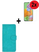 Geschikt voor Samsung Galaxy A41 hoes Effen Wallet Bookcase Hoesje Cover Turquoise + 2x Tempered Gehard Glas / Glazen screenprotector (2 stuks) Pearlycase