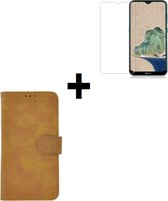 Nokia 2.3 hoes Effen Wallet Bookcase Hoesje Cover Bruin + Tempered Gehard Glas / Glazen screenprotector Pearlycase