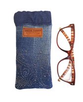 Handgemaakte Brillenkoker Jeans Glitter - Bling - Denim - Spijkerstof - Blauw - Knijpsluiting - Brillenetui - Brillentas - Snappouch
