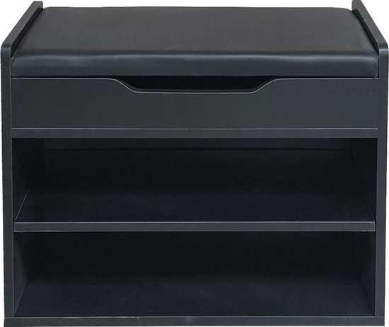 Schoenenrek hal bankje - open schoenenkast - met opklapbaar zitkussen - zwart