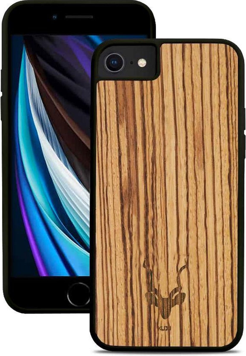 Kudu iPhone SE (2020) hoesje case - Houten backcover - Handgemaakt en afgewerkt met duurzaam TPU - Zebrano - Zwart