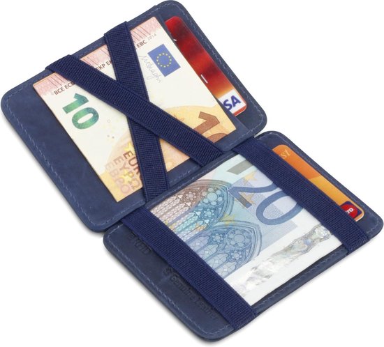 Hunterson compacte Portemonnee voor heren en dames uit leder, Kaarthouder met RFID-bescherming, Portefeuille met plaats voor 8 kaarten, Magic Wallet, Blauw