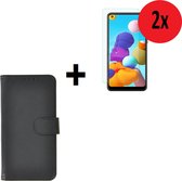 Geschikt voor Samsung Galaxy A21 hoes Effen Wallet Bookcase Hoesje Cover Zwart + 2x Tempered Gehard Glas / Glazen screenprotector (2 stuks) Pearlycase