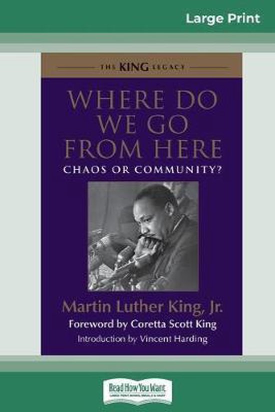 Boekomslag van "Where Do We Go From Here: Chaos or Community?" in paars, met een portret van Martin Luther King Jr.