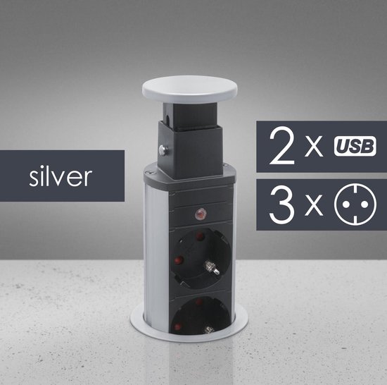DELIGHT - Inbouw Pop-Up Tafelblad Stekkerdoos met 2X USB en 3 Stopcontacten  - Zilver | bol.com