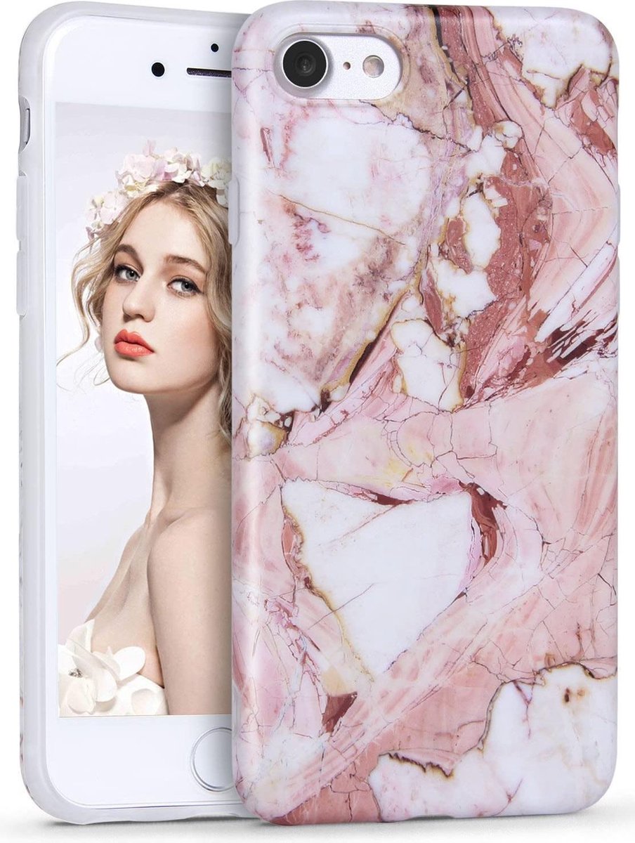 Luxe Marmer iPhone 7 - iPhone 8 hoesje Marmer Wit Roze case - cover soft zacht
