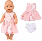 Poppenkleertjes - Geschikt voor Baby Born pop - Eenhoorn  jurk met onderbroekje - Roze zomer & lente outfit