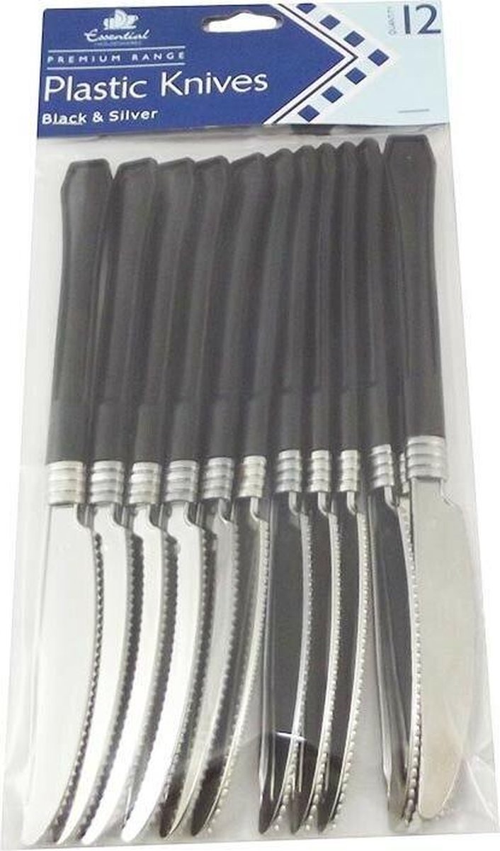 camping : 12x ZILVER LOOK KUNSTSTOF BESTEK MET ZWARTE HANDMESSEN