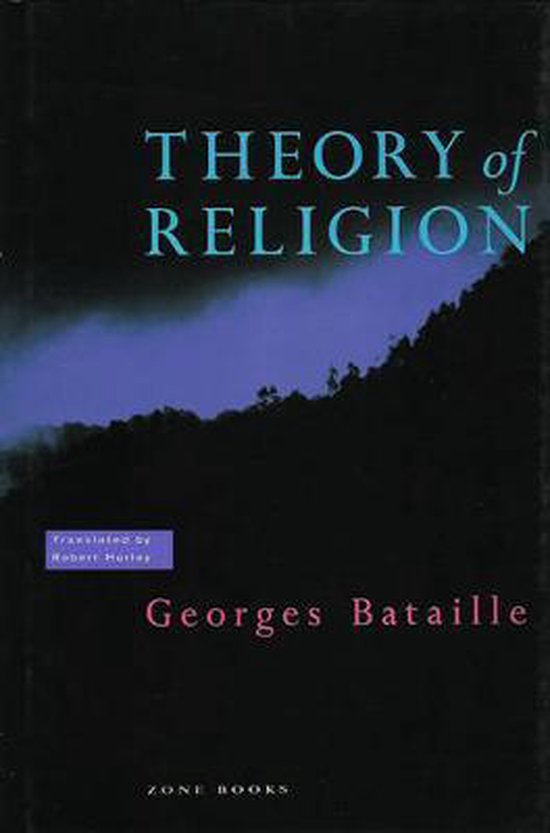 Boek 'Theory of Religion' van Georges Bataille, met een paarsblauwe, rokerige horizon boven een berglandschap.