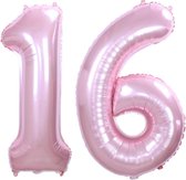 Folie Ballon Cijfer 16 Jaar Roze  36Cm Verjaardag Folieballon Met Rietje