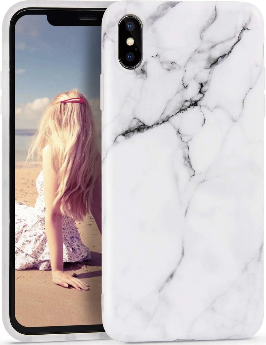 Geschikt voor Apple iPhone X - XS - Wit / Zwart - Marmer - Soft TPU Hoesje