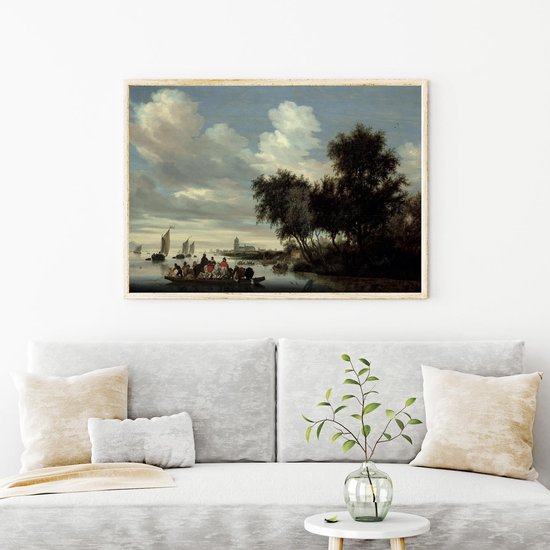 Bol Com Poster Rivierlandschap Met Een Veerboot Schilderij Salomon Van Ruysdael 50x70 Cm