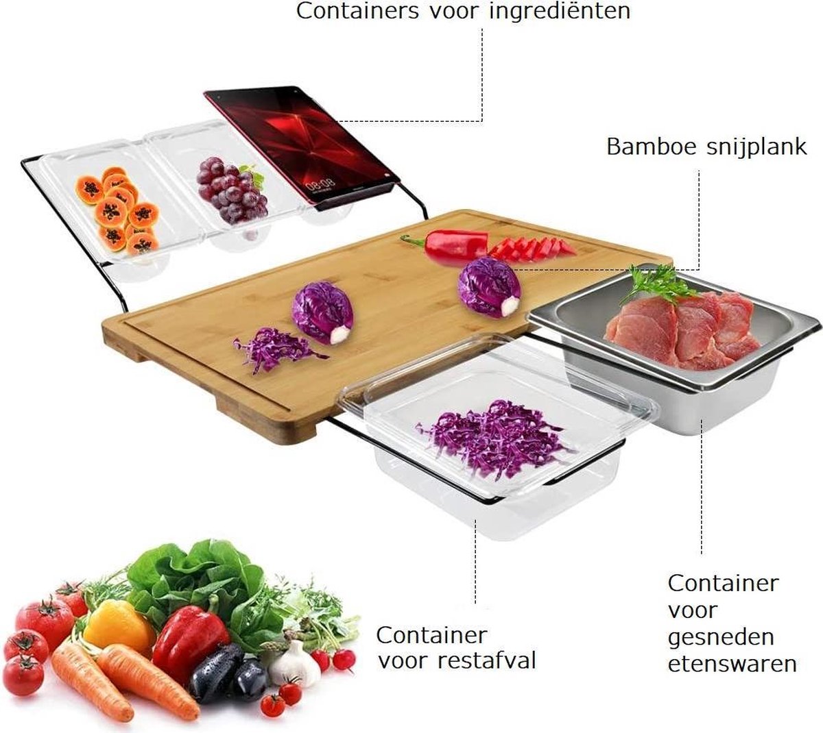 BRITOR Bamboe snijplank met 4 containers, groot, met sapgroeven, met dienbladen voor het bewaren van levensmiddelen, transport en reiniging