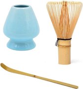 Matcha Thee set met Bamboe klopper, garde houder (blauw) en lepel - Japanse Theeceremonie