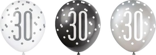 Ballonnen 30 jaar Glitz Zwart Zilver | 6 stuks