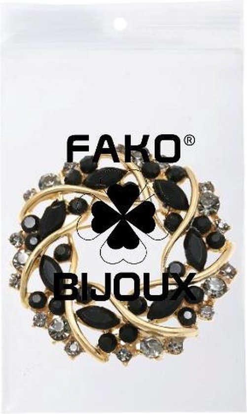 Fako Bijoux® - Broche - Krans - Kristal - Ø 49mm - Goud - Zwart - Fako Bijoux®