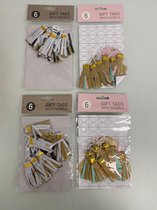 Cadeauversiering kaartjes met decoratie (diverse designs) - set van 4 keer 6 stuks (pastel/wit)