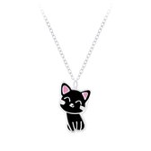 Joy|S - Zilveren kat poes hanger met ketting zwart