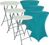 3x Statafel + Turquoise Statafelrok 3x – 80 cm Dia x 110 cm hoog – Cocktailtafel – Hoge staan tafel – Breed Blad – Inclusief Turquoise Statafelhoes – Staantafelrok Stretch R