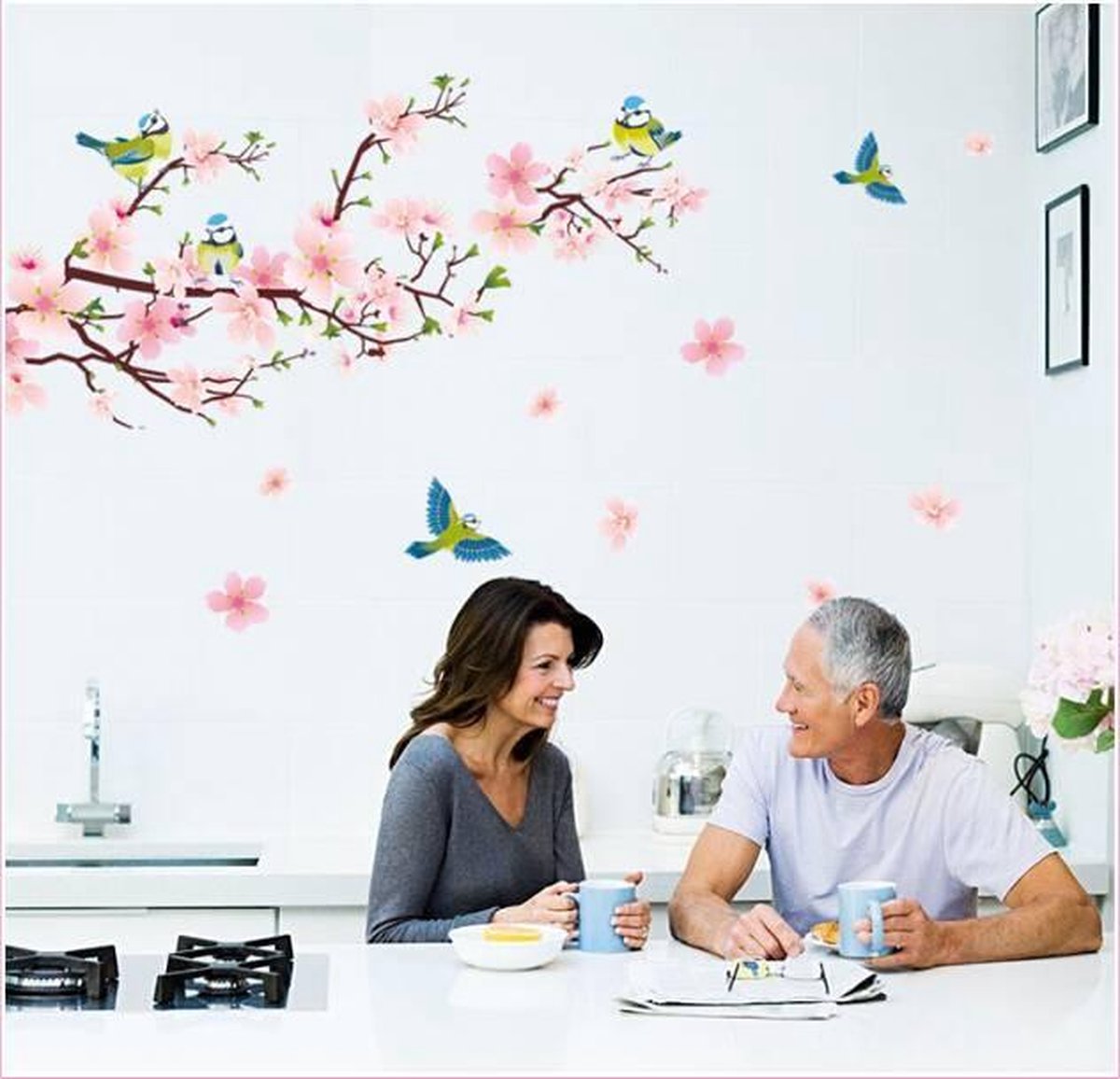 Muursticker Kinderkamer muursticker tak met bloemen geel borstje