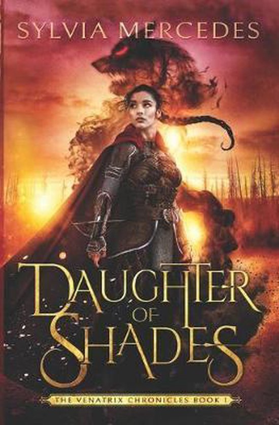 Boekcover met Sylvia Mercedes en de titel 'Daughter of Shades'. Een jonge vrouw met een paardenstaart, gekleed in harnas, kijkt hoopvol naar rechts. Achter haar een wolfskop in rook.