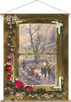 Kerst Doek - 90x120 Cm - Doorkijk Houten Raam - Victoriaans Tafereel-r - Textiel Poster - Decoratie - Winter Poster - Kerst Decoratie - Kerstversiering