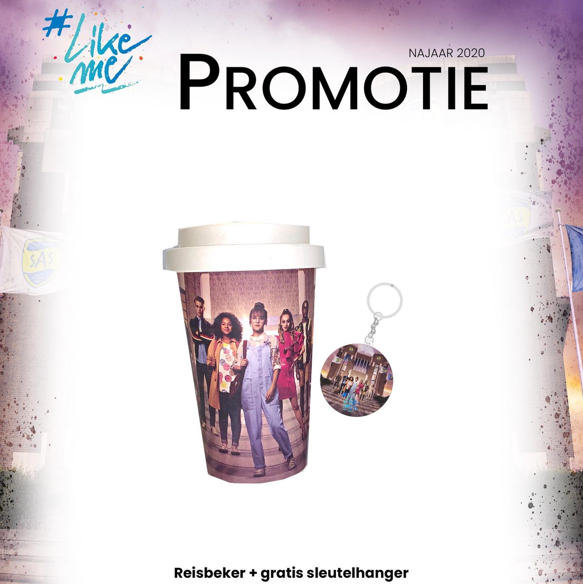 Like Me promotie, reisbeker met gratis sleutelhanger