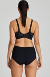 Zwarte sportbeha en bijpassende slip van PrimaDonna met een gestreept patroon op de cups en zijpanden, gezien vanaf de achterkant.