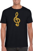 Gouden muzieknoot G-sleutel / muziek feest t-shirt / kleding - zwart - voor heren - muziek shirts / muziek liefhebber / outfit L