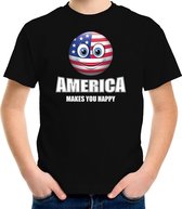 America makes you happy landen t-shirt Amerika zwart voor kinderen met Emoticon S (122-128)