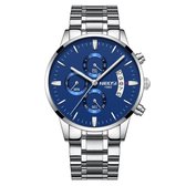 NIBOSI Horloges voor mannen - Horloge mannen – Luxe Zilver/Blauw Design - Heren horloge - Ø 42 mm – Zilver/Blauw - Roestvrij Staal - Waterdicht tot 3 bar - Chronograaf - Geschenkse