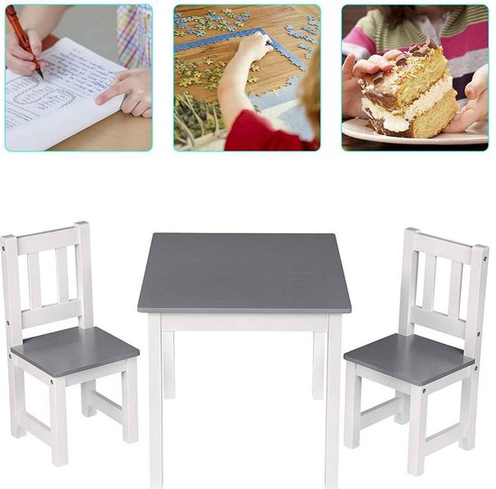 Somber gips repertoire Kindertafel en stoeltjes van hout - 1 tafel en 2 stoelen voor kinderen -  Wit/Grijs met... | bol.com