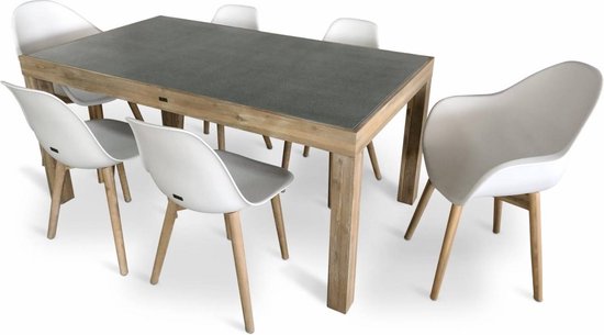 Tuintafel van massief acacia en tafelblad betoneffect – Sumba 160cm – 2  fauteuils en 4... | bol.com