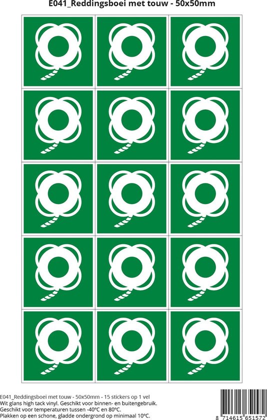 Pictogram sticker E041 Reddingsboei met touw - 50x50mm 15 stickers op 1 vel