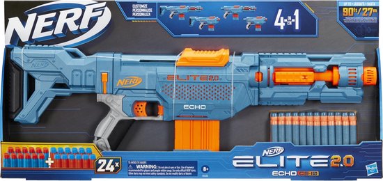 NERF Elite 2.0 Echo CS-10 speelgoedblaster in blauw met oranje details, op de doos.