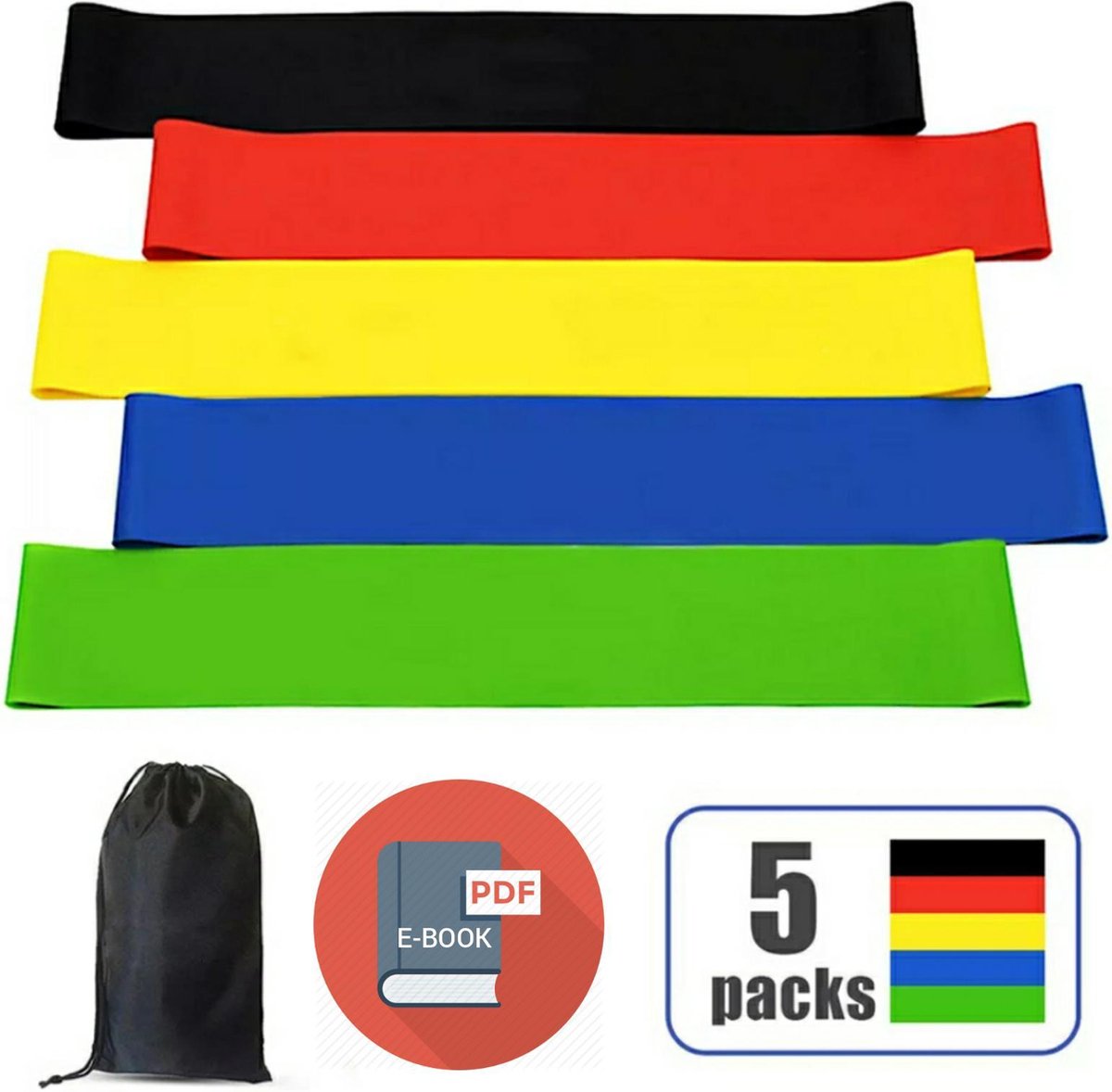 Weerstandsbanden - Fitness elastiek - 5 niveaus elastiek - 5 kleuren - Incl. draagbare mini tas - gratis E-book