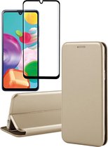 Hoesje geschikt voor Samsung Galaxy A41 - Screen Protector FullGuard - Book Case Leer ThinShield Goud & Screenprotector